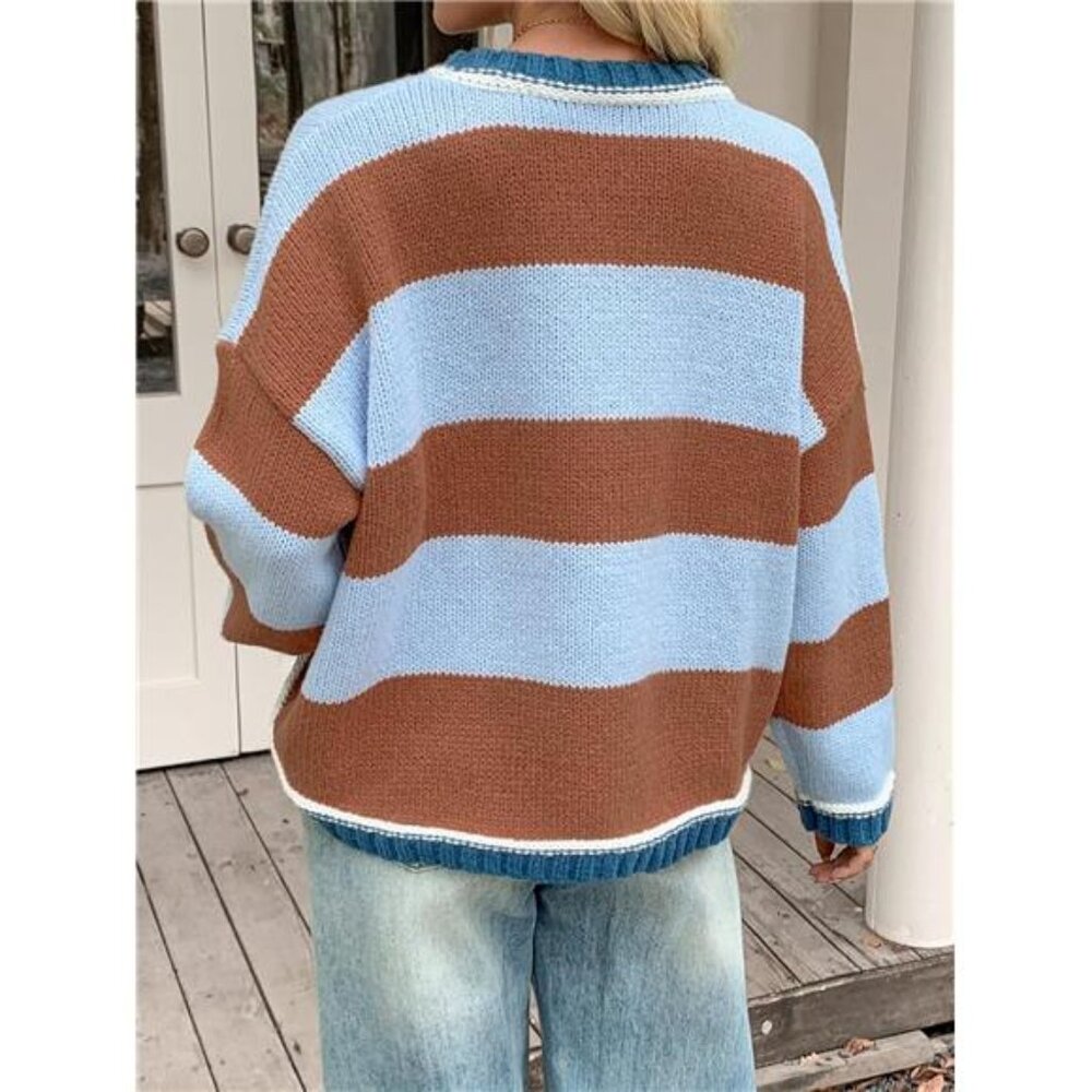 Womens Oversized Sweaters Casual Long Sleeve Striped Color Block - Picture 4 of 6